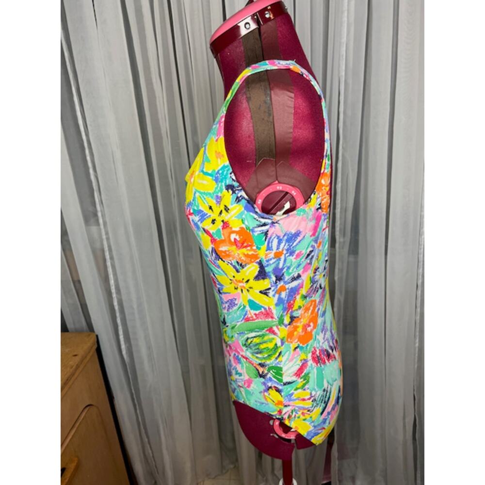 one piece swimsuit floral high cut green yellow orange bright - Picture 5 of 10